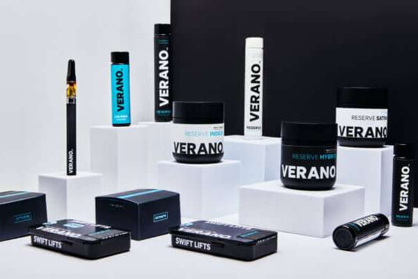 Verano brand cannabis products including jars, a vape pen, and Swift Lifts pre-roll boxes staged on white pedestals