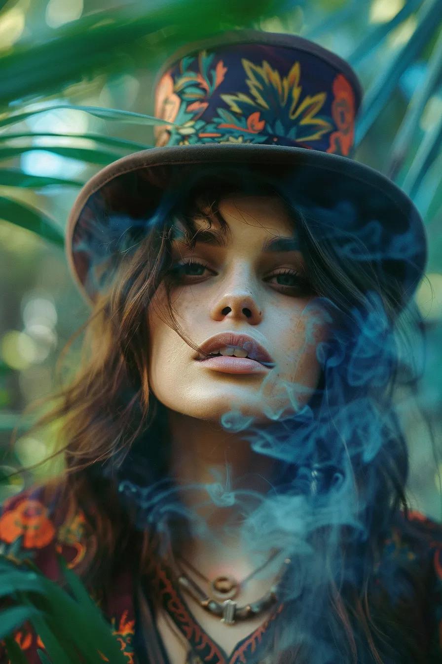 Stylish individual in a top hat enjoying cannabis