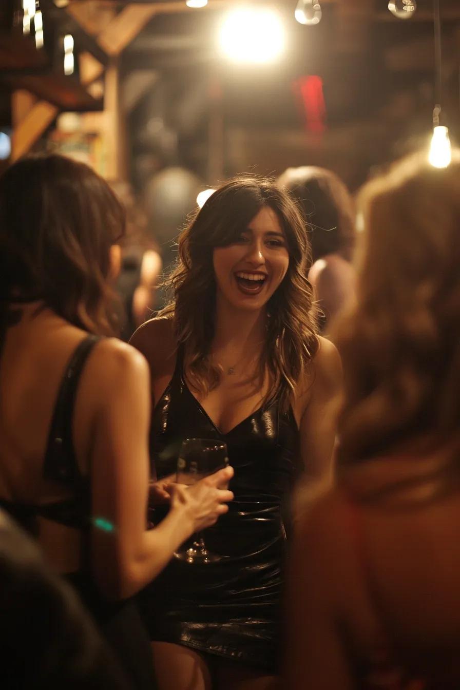 Glamorous women in leather dresses and heels laughing with men at a party