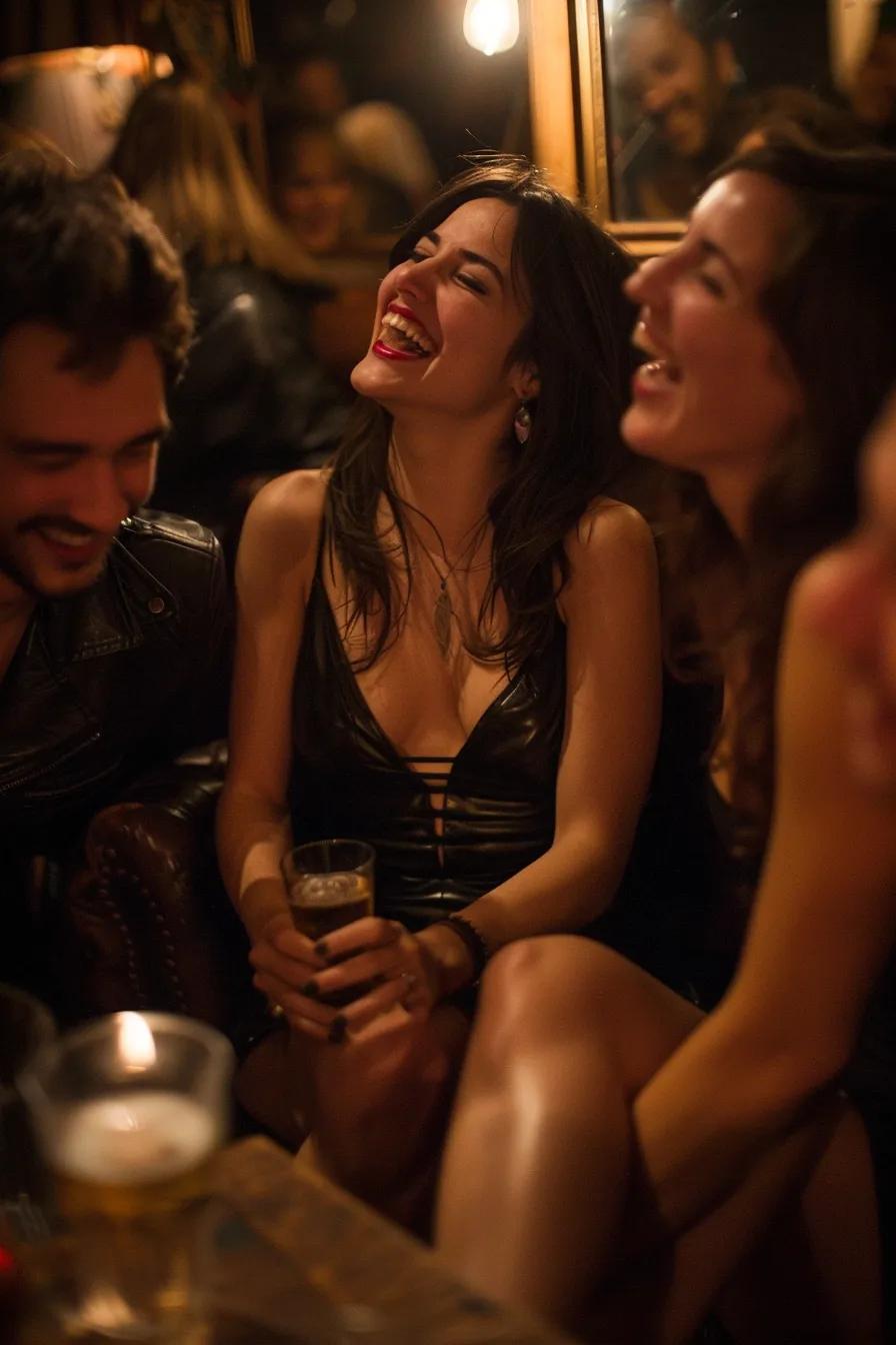 Glamorous women in leather dresses and heels laughing with men at a party