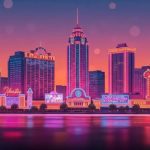 Vibrant neon-toned illustration of the Atlantic City skyline at dusk with the boardwalk casinos reflected in the water