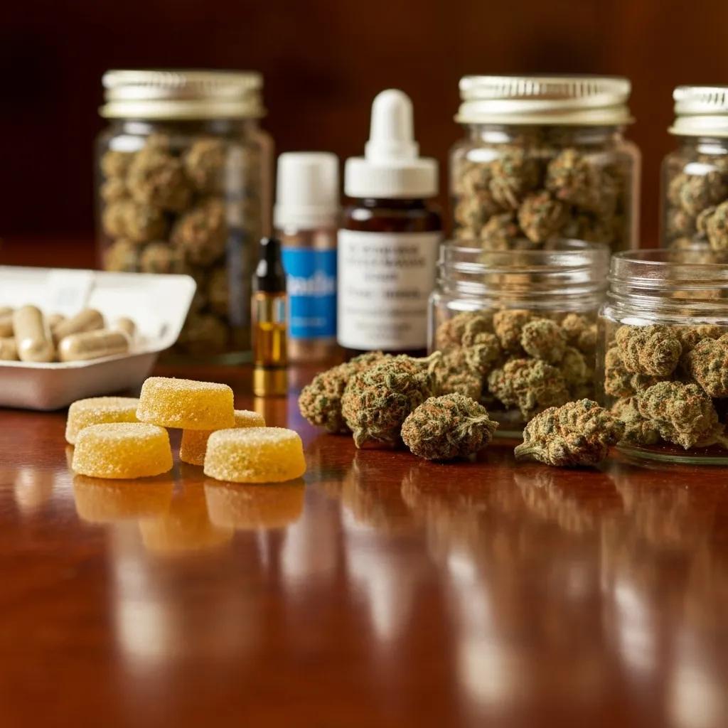 A diverse array of cannabis products, including premium flower, delicious edibles, and potent vapes, artfully displayed within our dispensary.