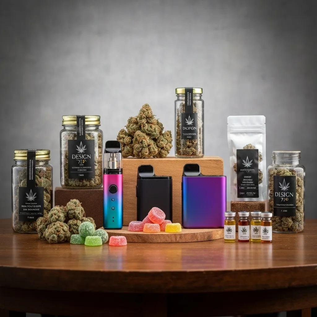 A selection of popular recreational cannabis products displayed on a table