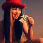 Chic individual in a top hat enjoying a joint, with a $100 bill ablaze