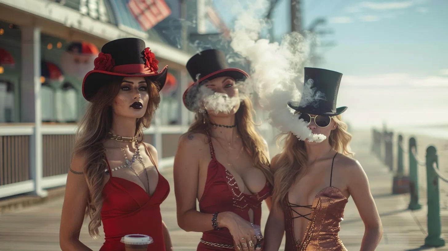 Hotties on the boardwalk in Heels and top hats Smoking Pot