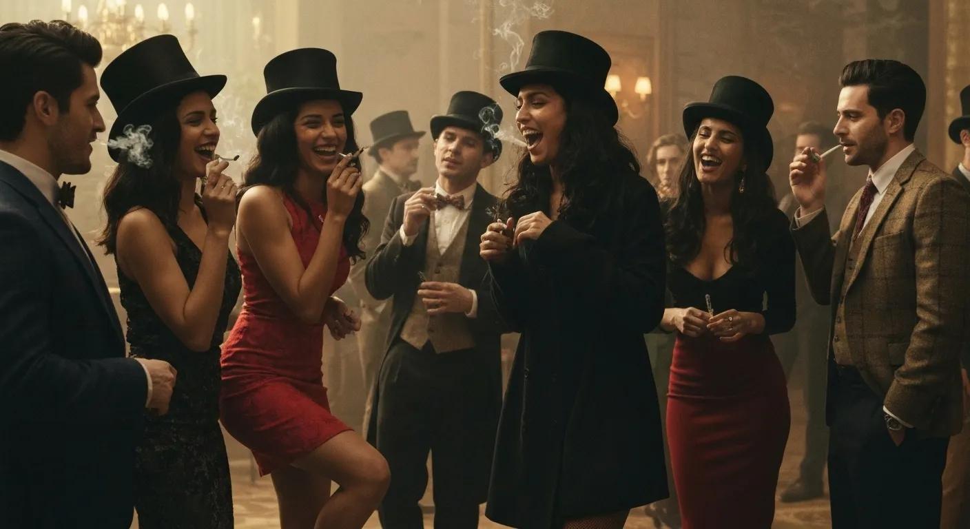 Stylish diverse women in heels and top hats at a lively gathering, sharing cannabis and laughter