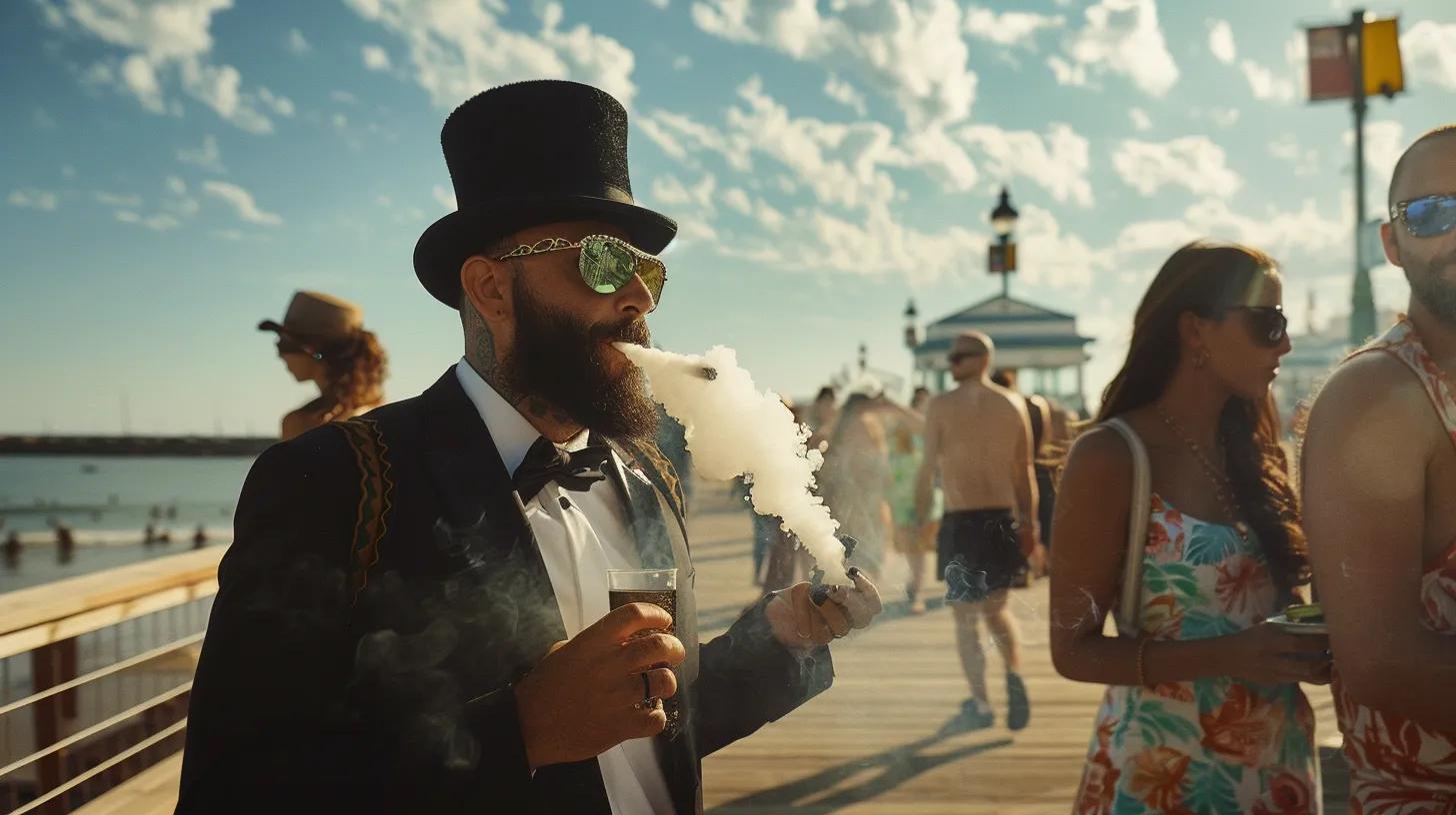 Hot dudes on the boardwalk in top hats smoking cannabis with women