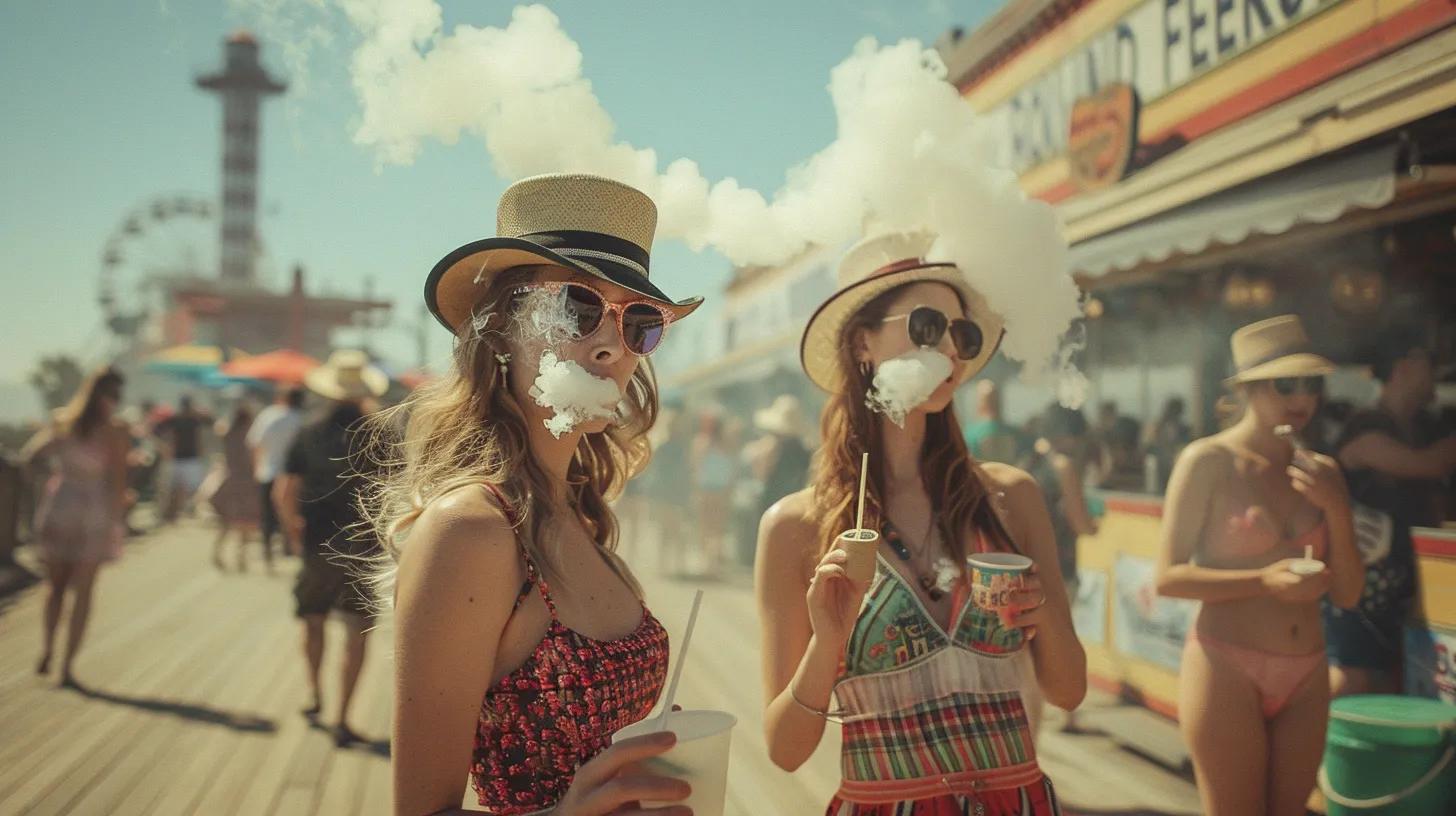Hotties on the boardwalk in Heels and top hats Smoking Pot