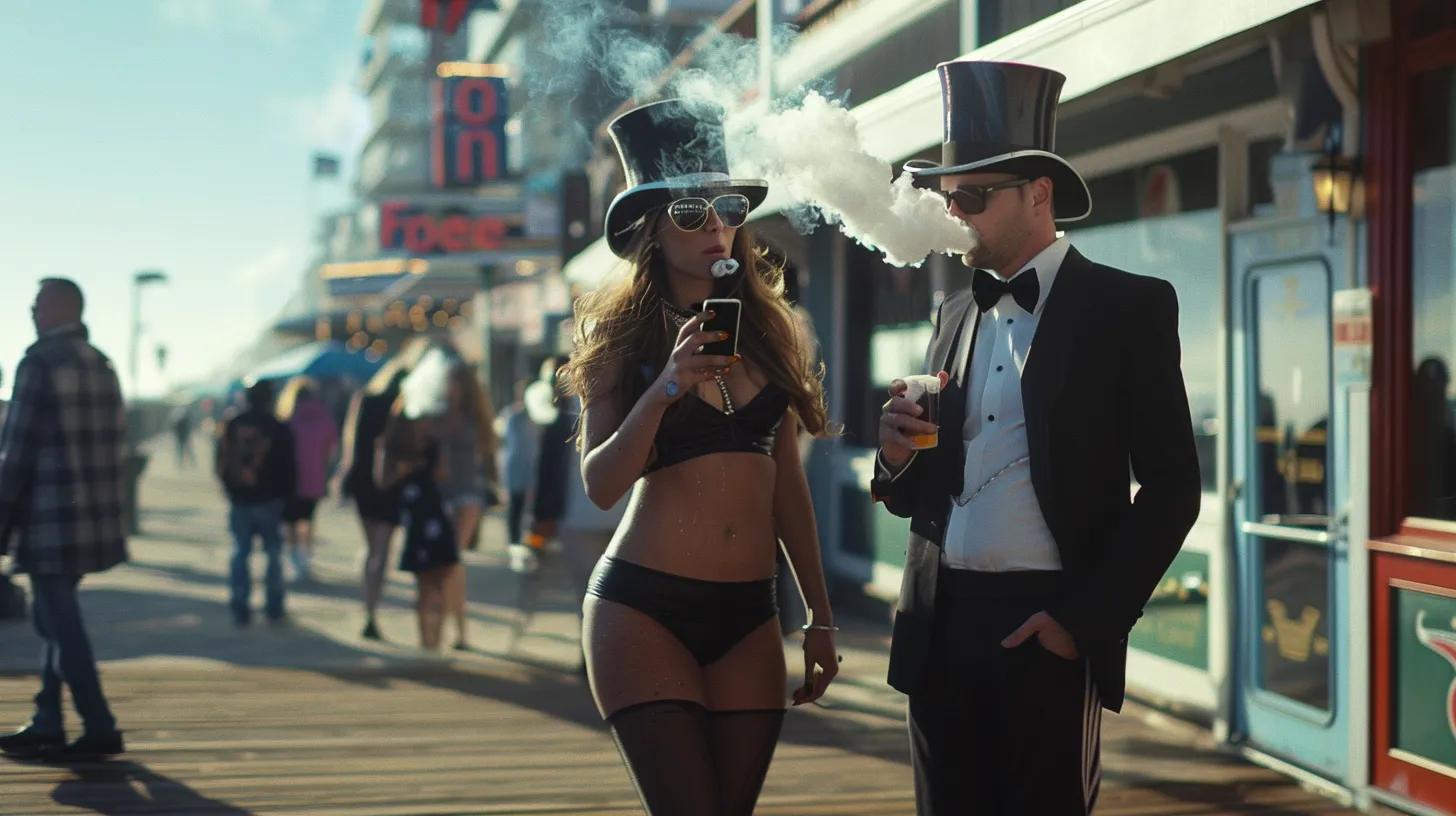 Hotties on the boardwalk in Heels and top hats Smoking Pot