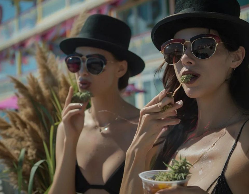Stylish individuals enjoying the Atlantic City boardwalk with cannabis edibles.