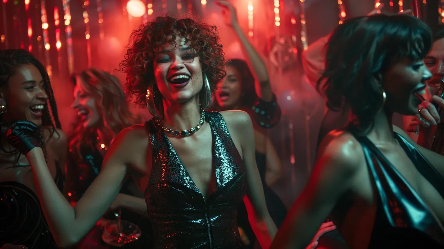 A Party diverse Women in leather Dresses and Heels. Some laugh. some smiling.