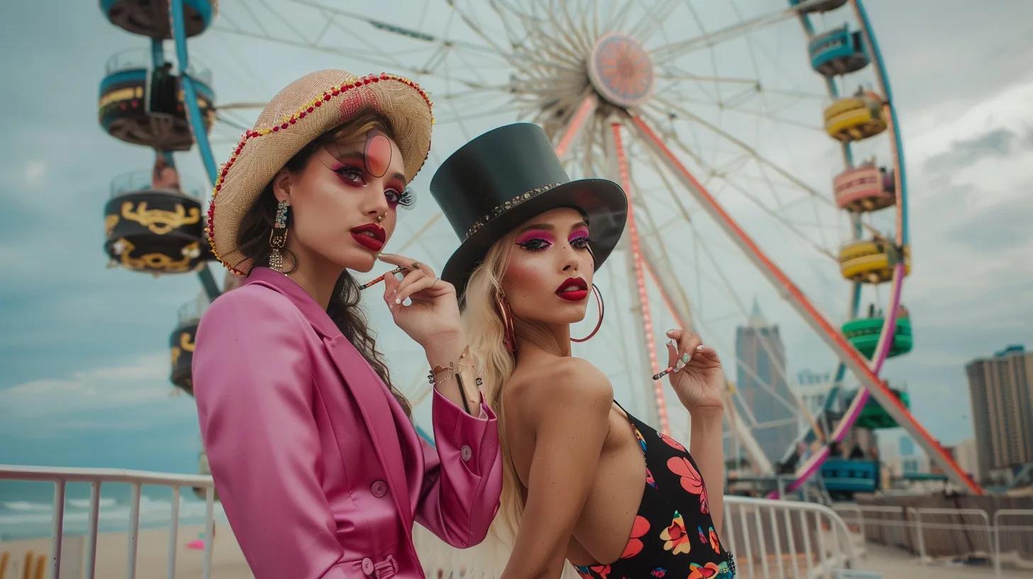 Atlantic City Boardwalk ferris wheel in the Background with Hotties in Heels and top hats smoking weed