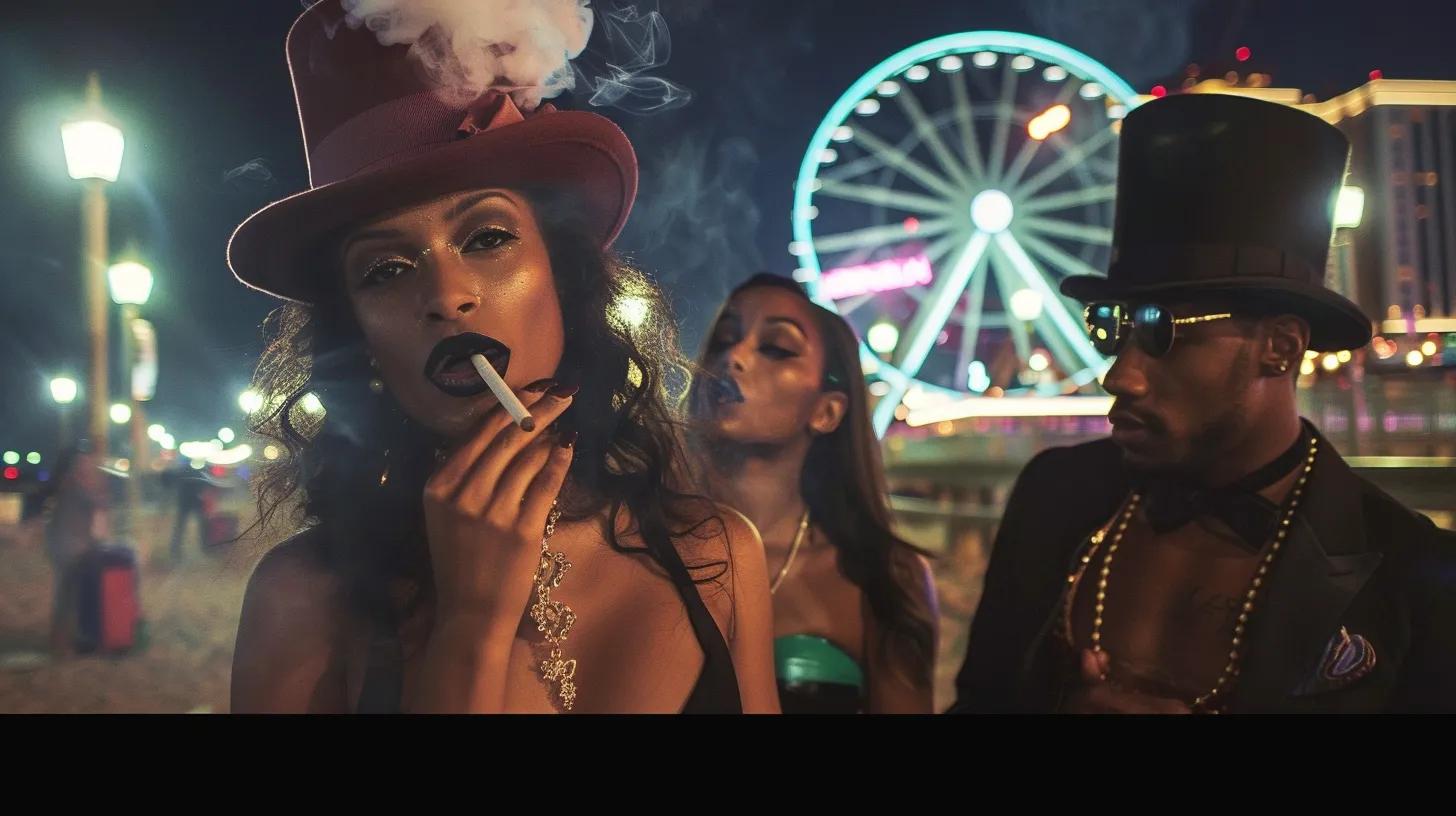 Atlantic City Boardwalk ferris wheel in the Background with Hotties in Heels and top hats smoking weed