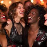 A Party diverse Women in leather Dresses and Heels. Some laugh. some smiling.