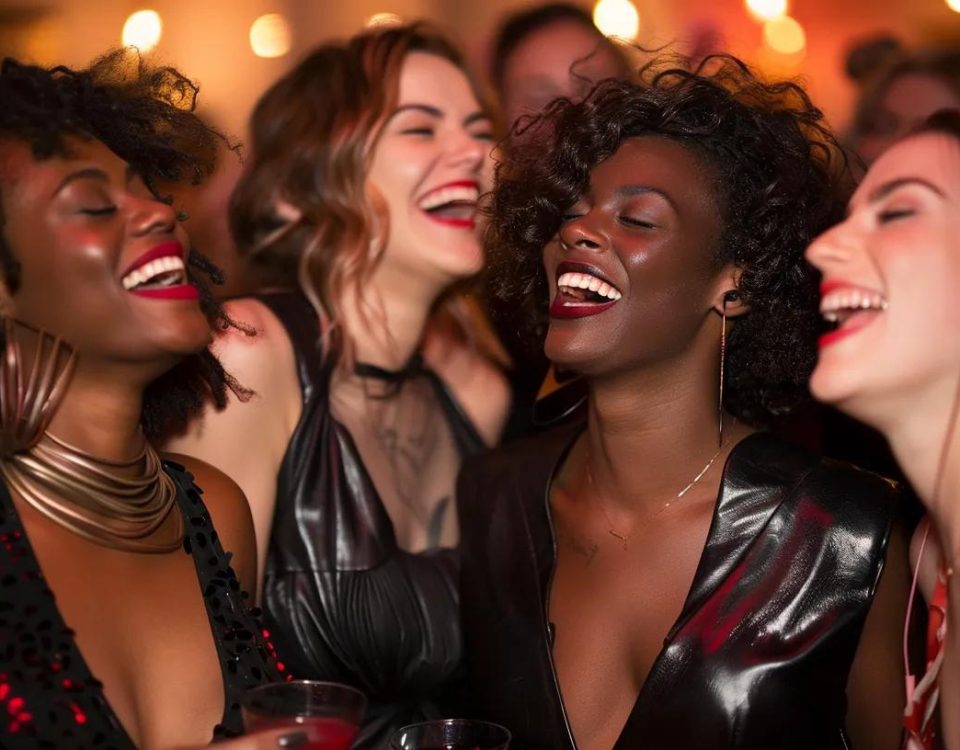 A Party diverse Women in leather Dresses and Heels. Some laugh. some smiling.
