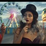 Atlantic City Boardwalk ferris wheel in the Background with Hotties in Heels and top hats smoking weed