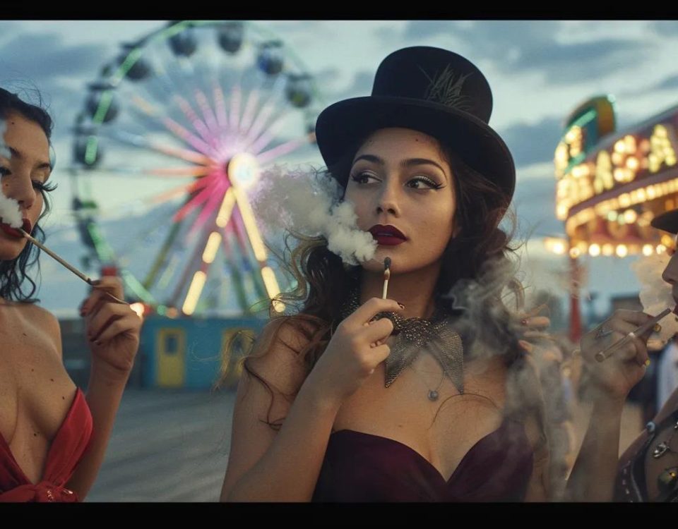 Atlantic City Boardwalk ferris wheel in the Background with Hotties in Heels and top hats smoking weed