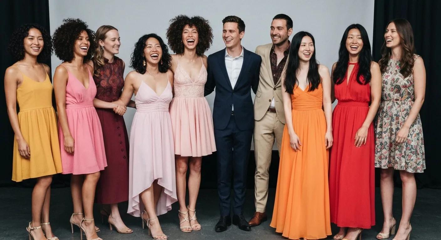 big tits Women in Dresses and Heels. they are diverse. a couple of them laugh. the rest smile. with men