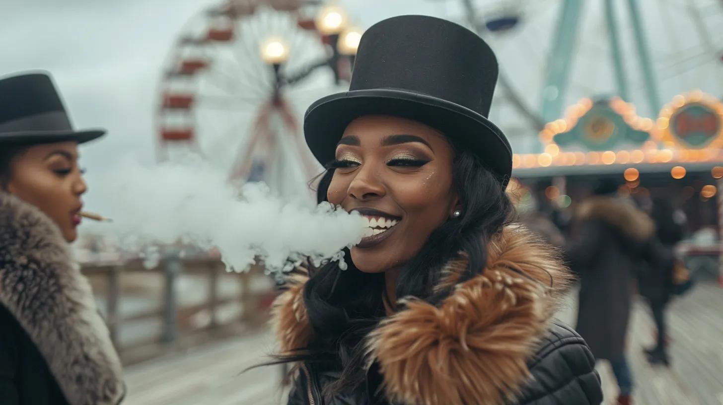 Atlantic City Ferrus wheel in Background. Diverse Women in top hats and Heels on the boardwalk in winter smoke weed, laugh and dance with each other and with men