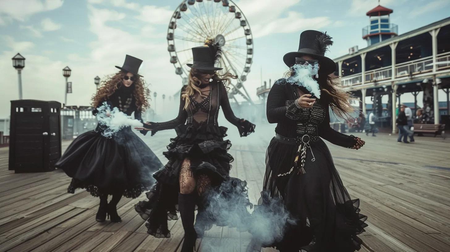 Atlantic City Ferrus wheel in Background. Diverse Women in top hats and Heels on the boardwalk in winter smoke weed, laugh and dance with each other and with men