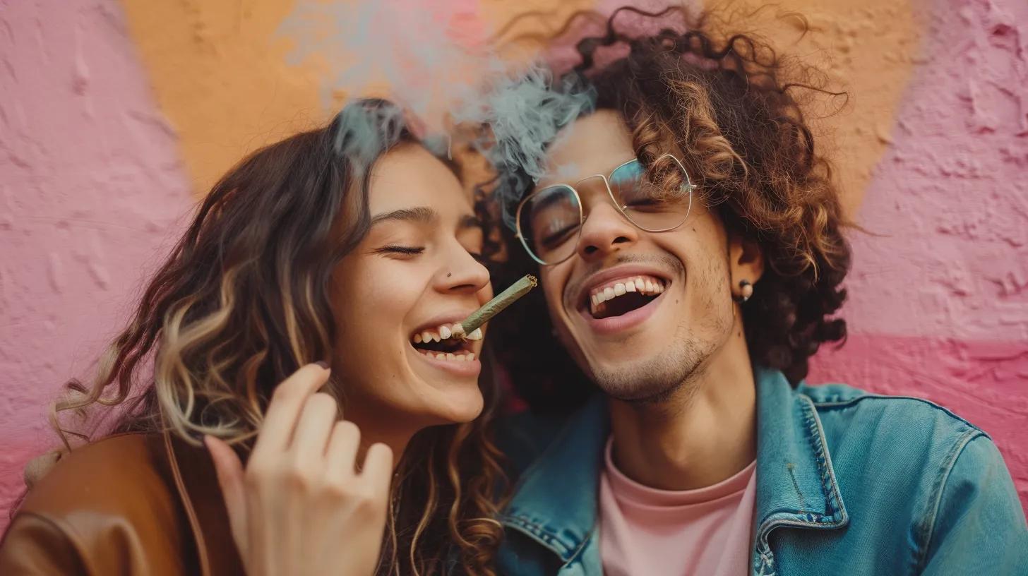 Photographic rendering of happy, healthy, beautiful, white, models enjoying sharing a joint. DO NOT show chewing on buds.