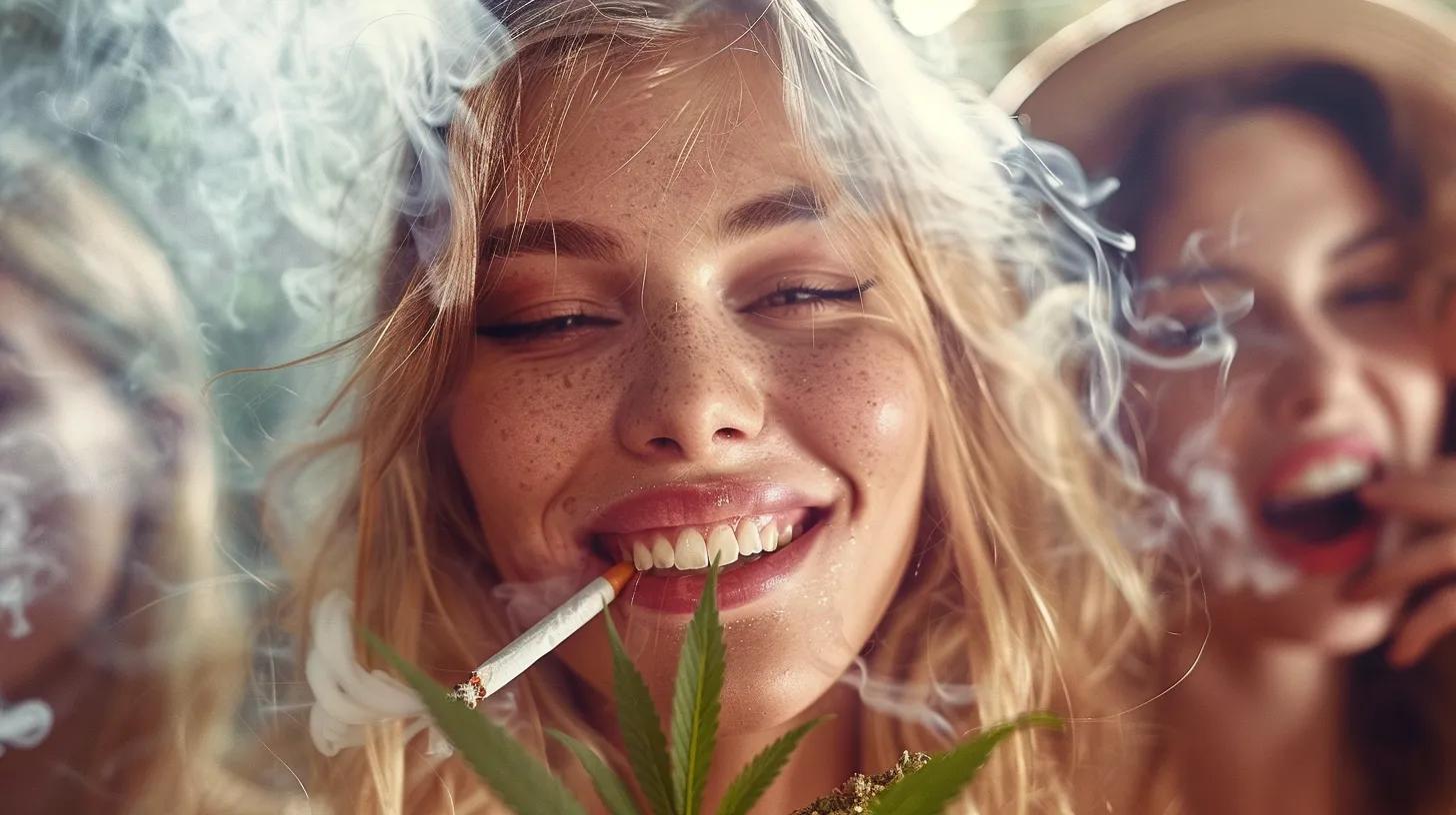 Photographic rendering of happy, healthy, beautiful, white, models enjoying smoking a joint. DO NOT SHOW CHEWING BUDS