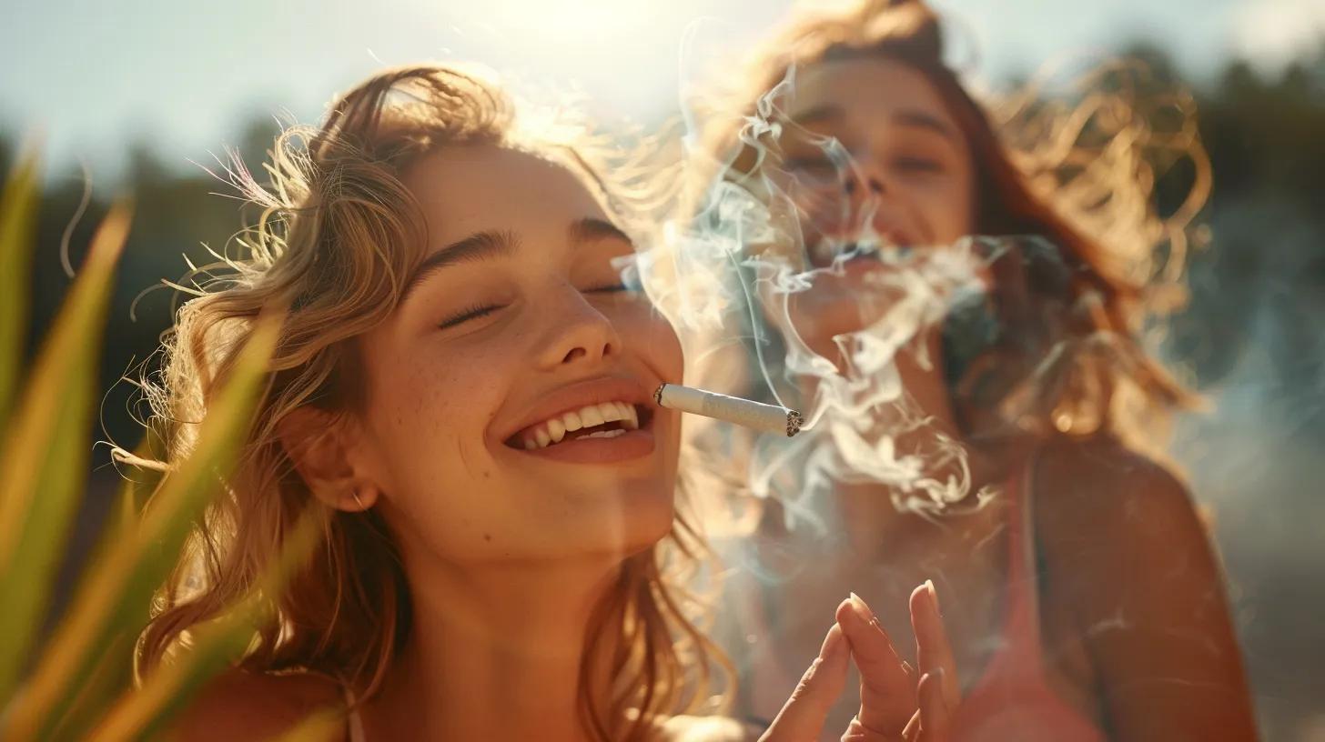 Photographic rendering of happy, healthy, beautiful, white, models enjoying smoking a joint. DO NOT SHOW CHEWING BUDS