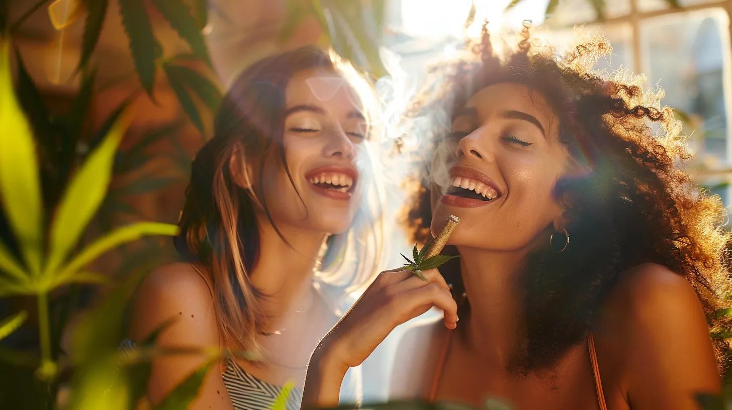 Photographic rendering of happy, healthy, beautiful, white, models enjoying smoking a joint. DO NOT SHOW CHEWING BUDS