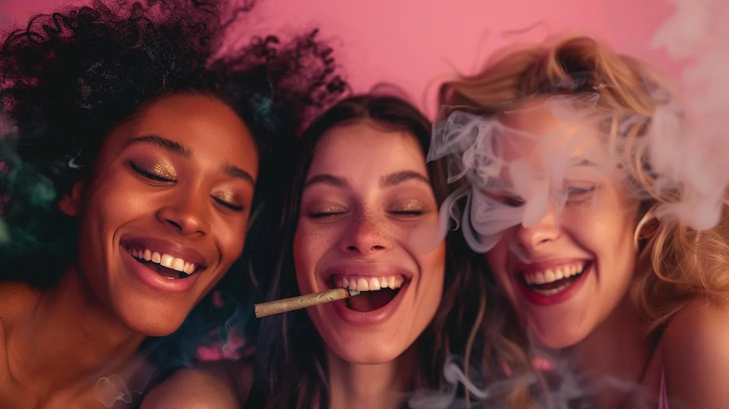 Photographic rendering of happy, healthy, beautiful, white, models enjoying smoking a joint. DO NOT SHOW CHEWING BUDS