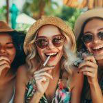 Photographic rendering of happy, healthy, beautiful, white, models enjoying smoking a joint. DO NOT SHOW CHEWING BUDS