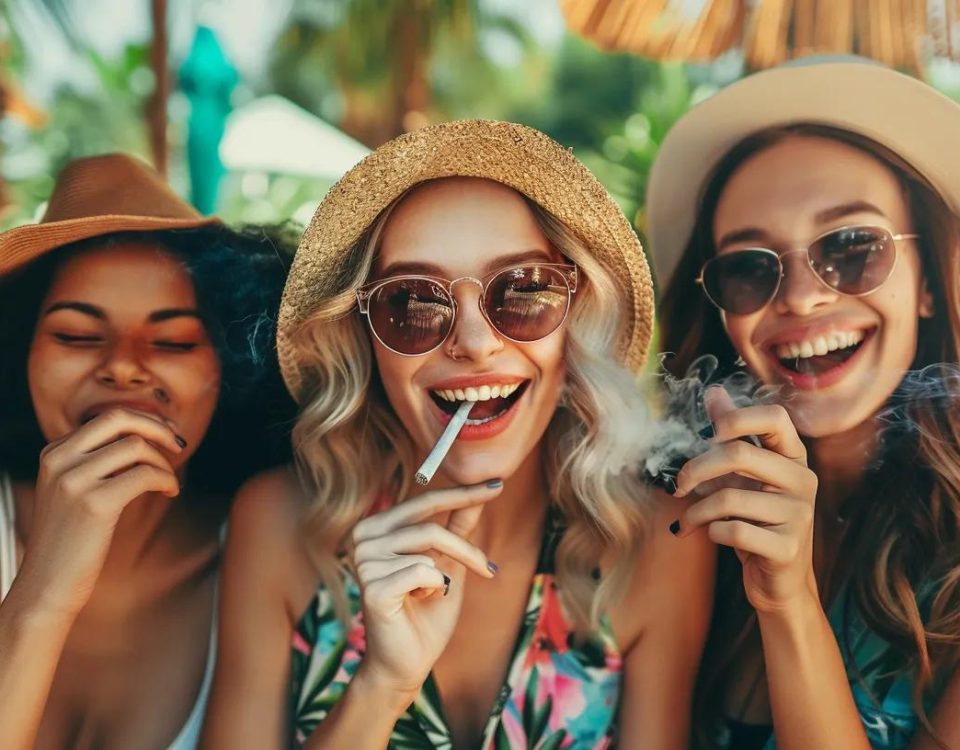 Photographic rendering of happy, healthy, beautiful, white, models enjoying smoking a joint. DO NOT SHOW CHEWING BUDS