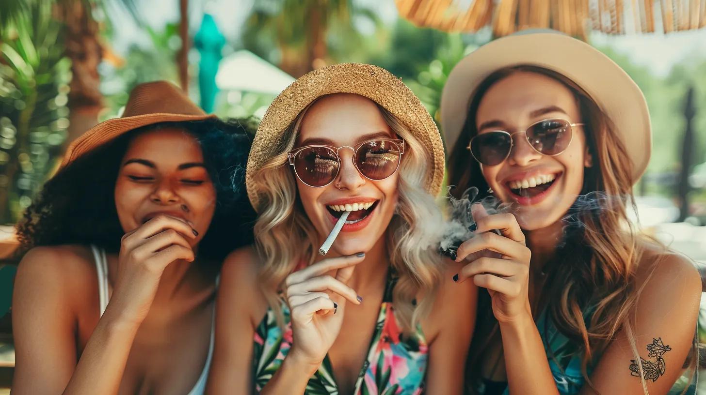Photographic rendering of happy, healthy, beautiful, white, models enjoying smoking a joint. DO NOT SHOW CHEWING BUDS