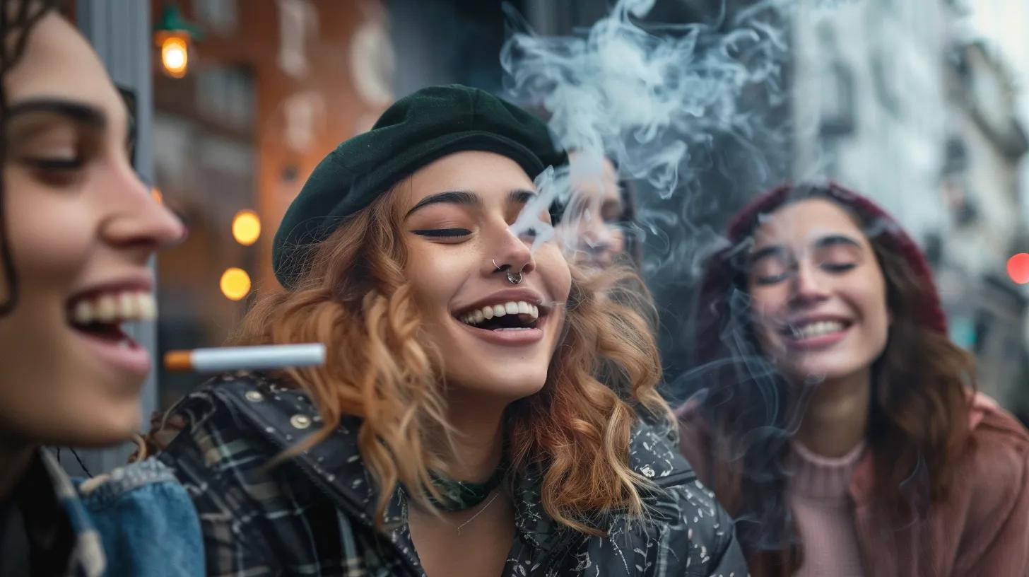 Photographic rendering of happy, healthy, beautiful, white, models enjoying smoking a joint. DO NOT SHOW CHEWING BUDS
