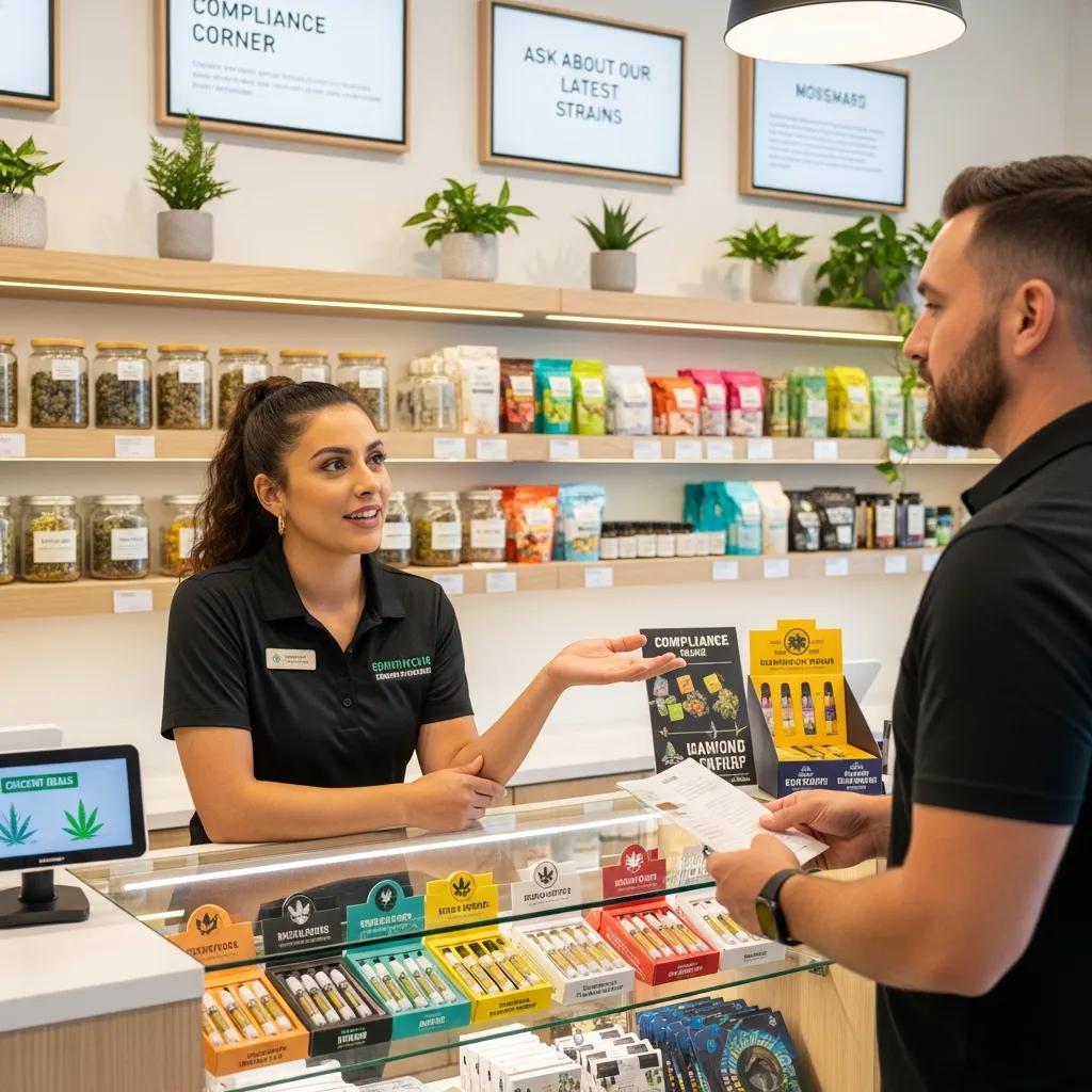 A budtender assisting a customer in a cannabis dispensary, emphasizing guidance on compliant products amid the hemp THC ban.