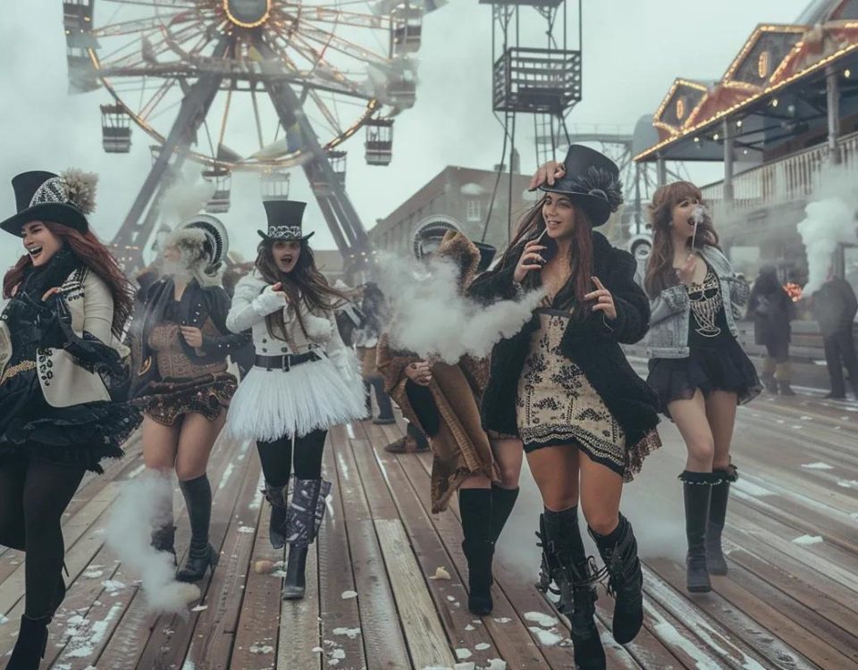 Atlantic City Ferrus wheel in Background. Diverse Women in top hats and Heels on the boardwalk in winter smoke weed, laugh and dance with each other and with men