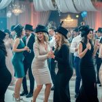 diverse big tits Women in Dresses, top hats and Heels at a paty laugh and dance with each other and with men