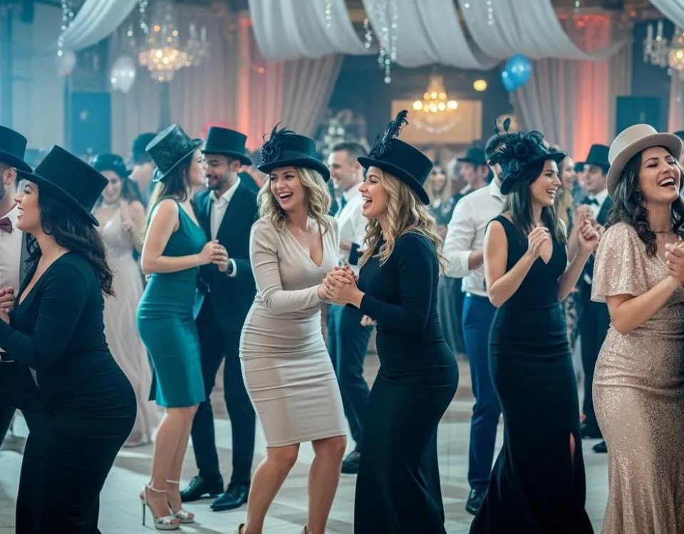 diverse big tits Women in Dresses, top hats and Heels at a paty laugh and dance with each other and with men