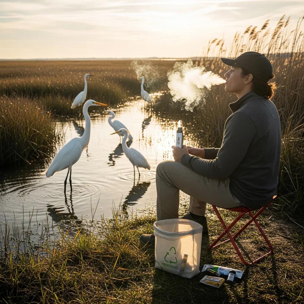 Individual responsibly enjoying cannabis in a natural setting on Brigantine Island, emphasizing wildlife conservation