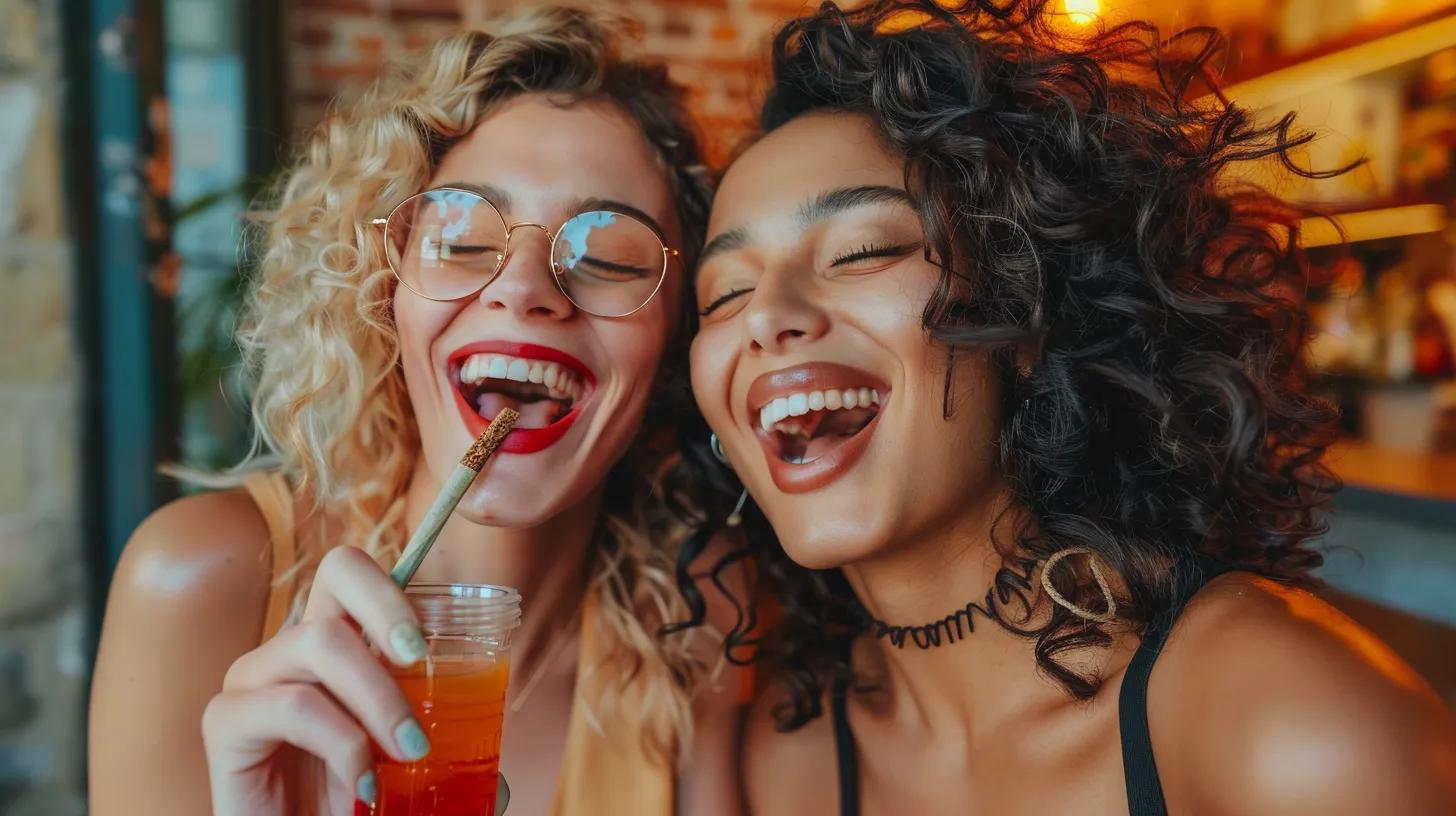 Photographic rendering of happy, healthy, beautiful, white, models enjoying sharing a joint. DO NOT show chewing on buds.