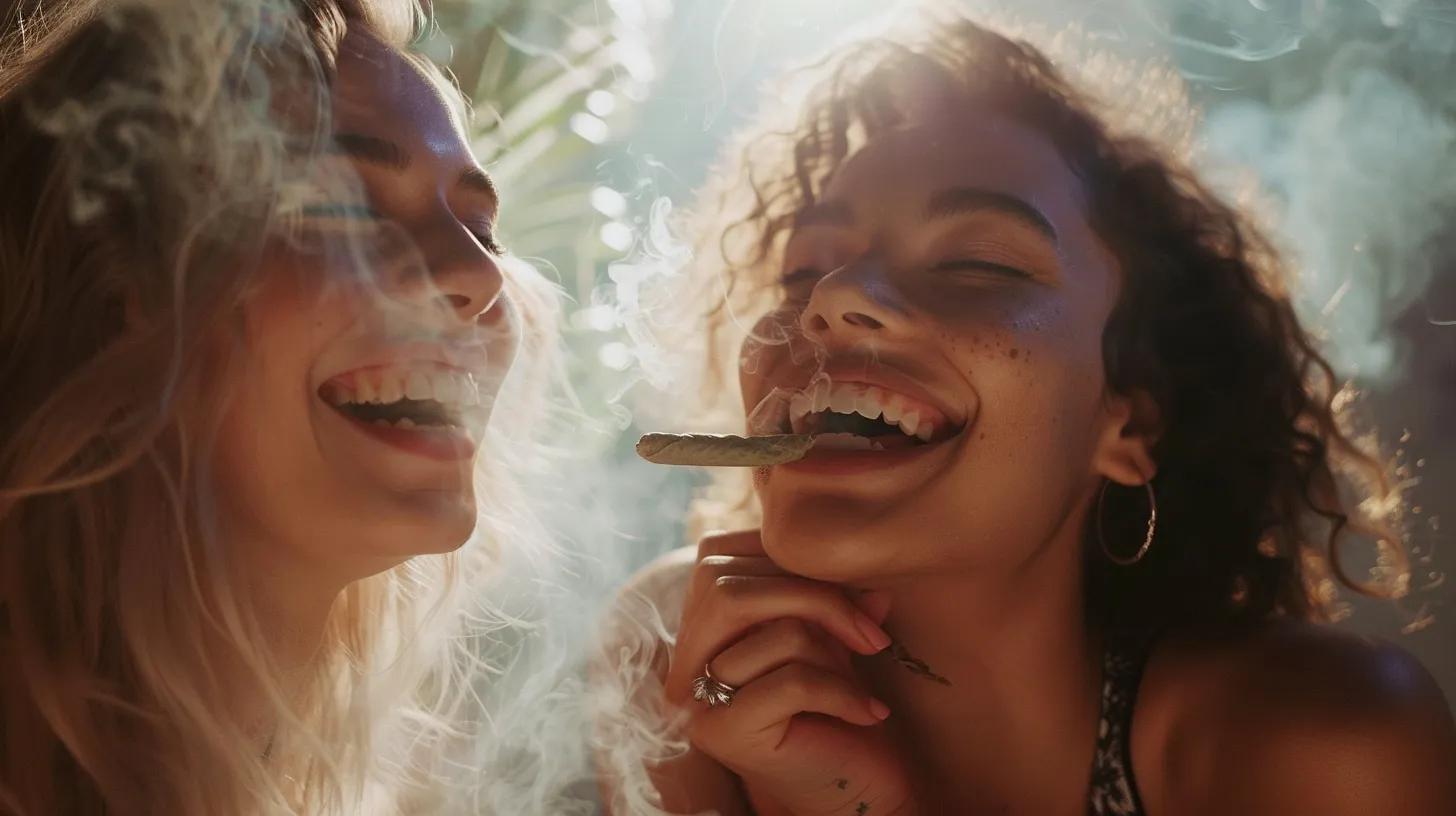 Photographic rendering of happy, healthy, beautiful, white, models enjoying sharing a joint