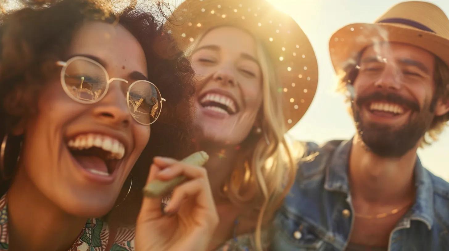 Photographic rendering of happy, healthy, beautiful, white, suburban people enjoying sharing a joint
