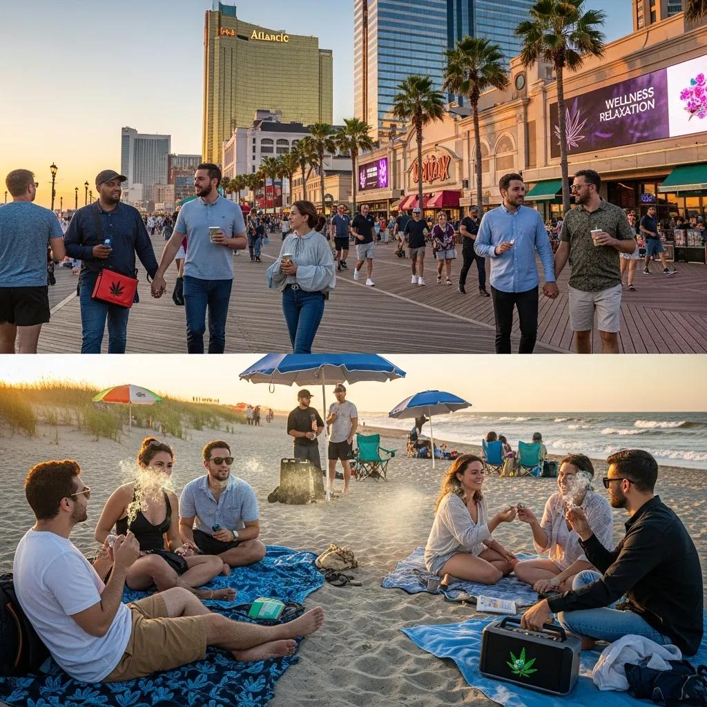 Tourists enjoying cannabis-friendly activities near Atlantic City casinos and beaches, highlighting relaxation and fun