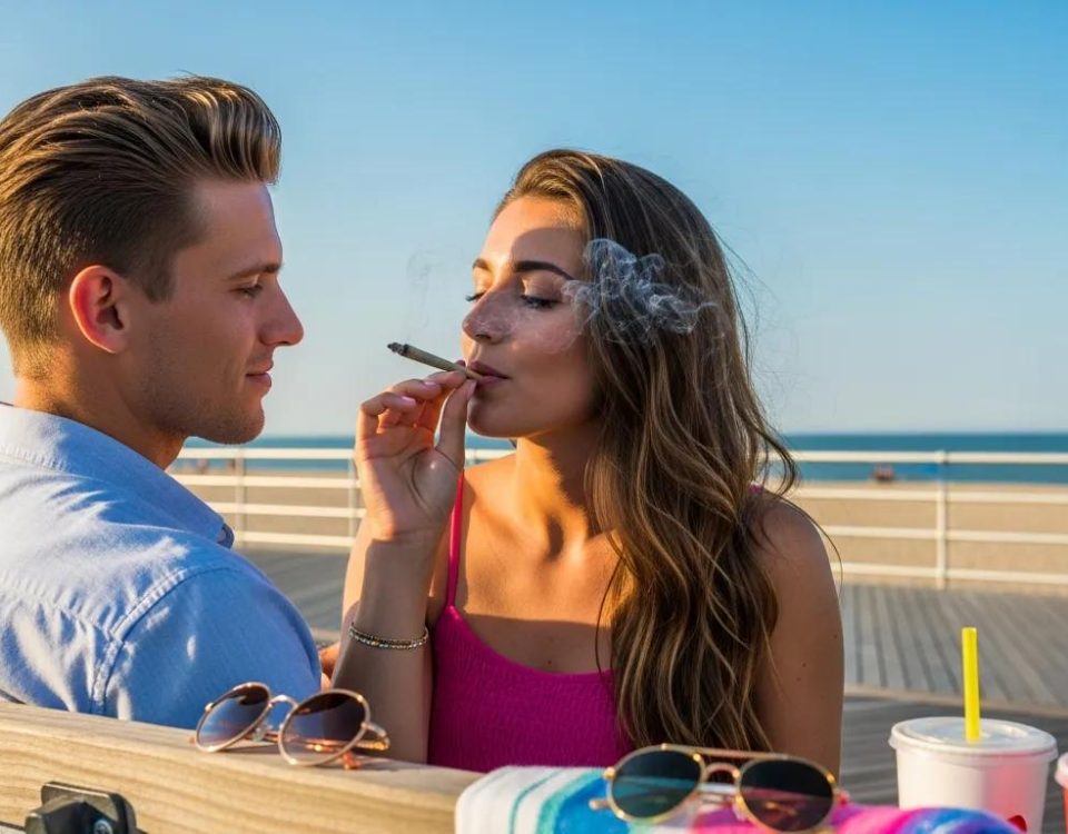 A man and woman sit on a bench at the beach. The woman is smoking and exhaling smoke, while the man looks at her. Sunglasses and drinks are on the bench, with the ocean and blue sky in the background.