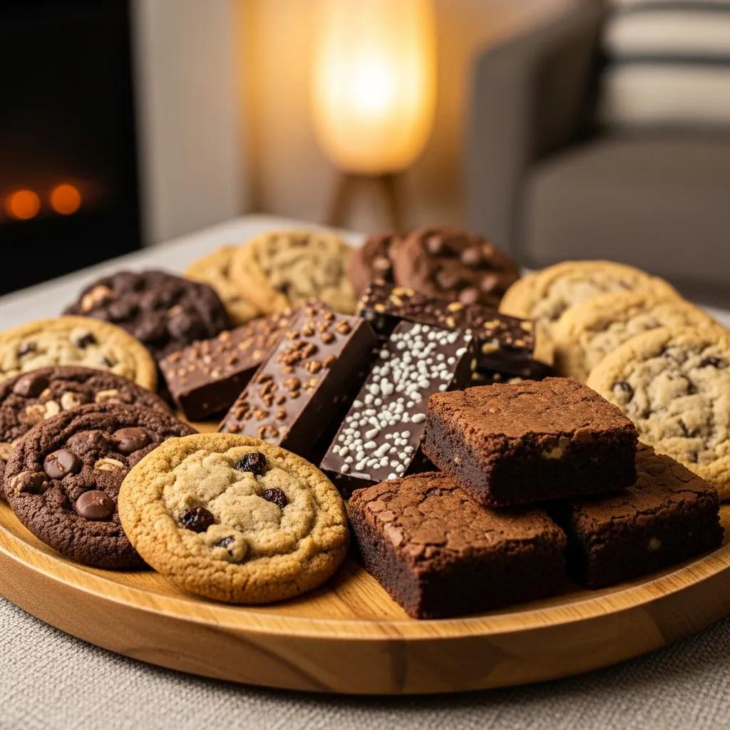 Cannabis-infused chocolates and baked goods arranged on a rustic wooden platter