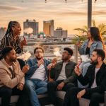 Group of young adults enjoying cannabis vaping outdoors in Atlantic City