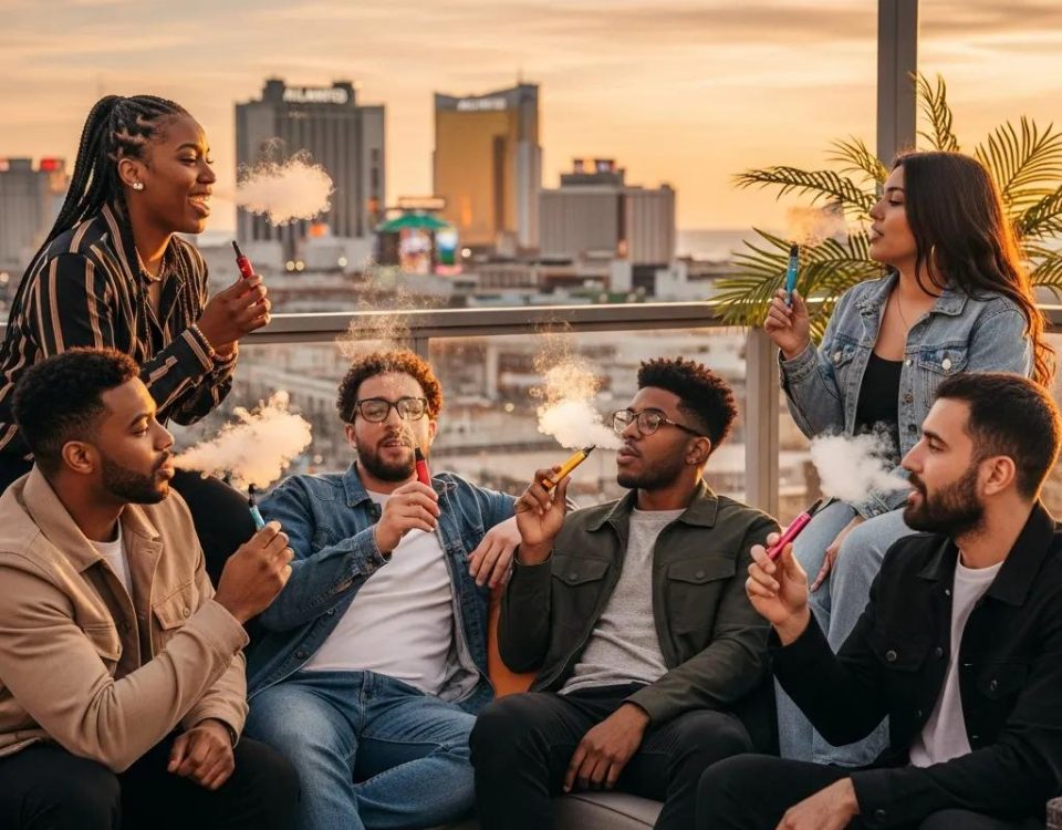 Group of young adults enjoying cannabis vaping outdoors in Atlantic City