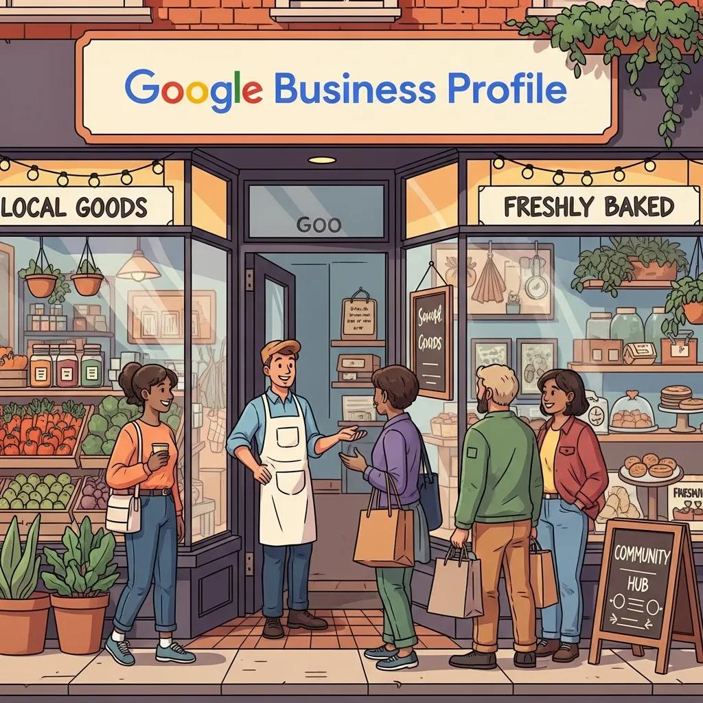 Local business storefront with Google Business Profile sign and shopkeeper interacting with customers