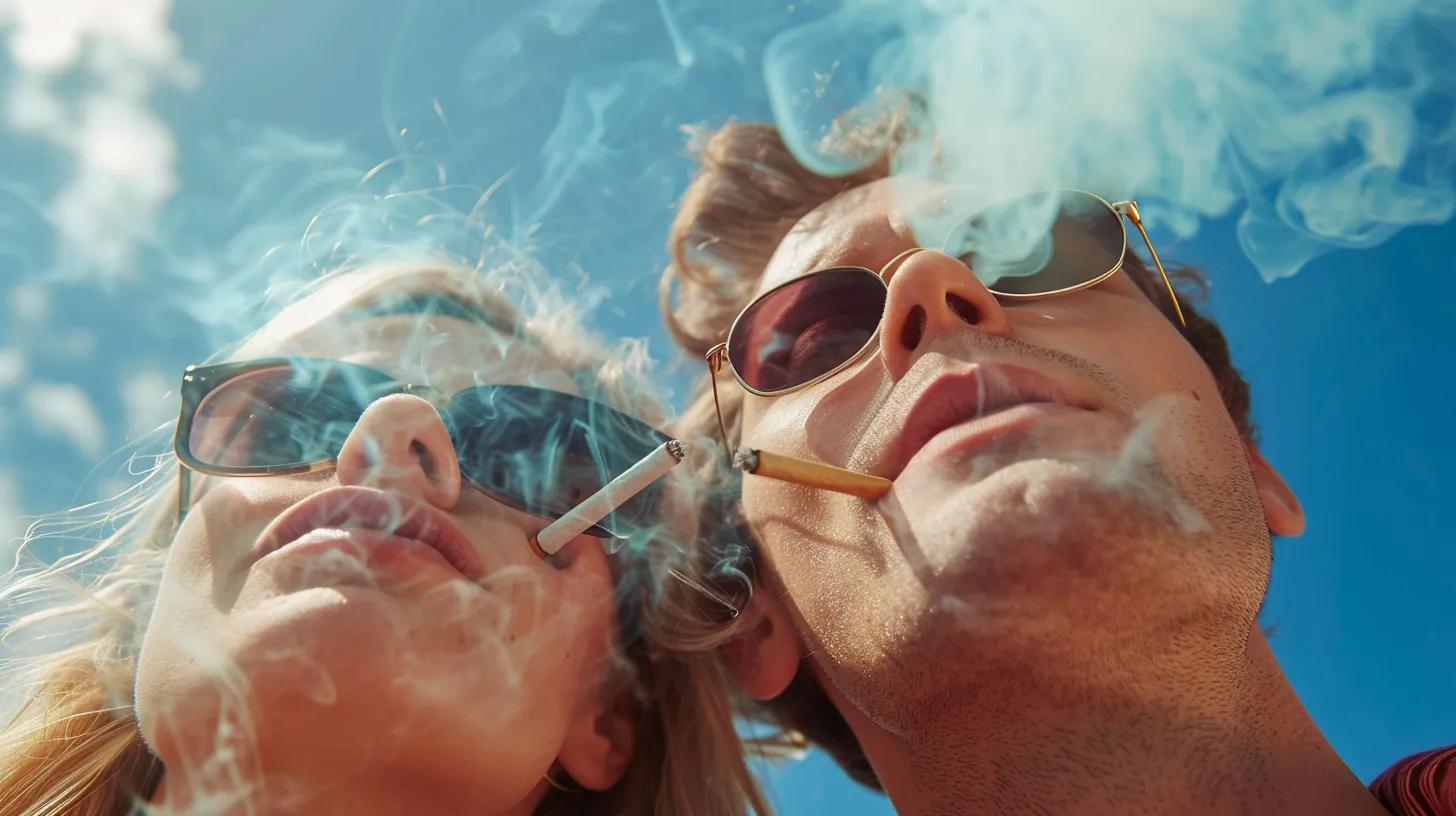 Photographic rendering of happy, healthy, white male and female models enjoying smoking a joint in Atlantic City New Jersey. Make sure joints are in the mouth not floating. Do not put filters on the joints. DO NOT SHOW CHEWING BUDS.