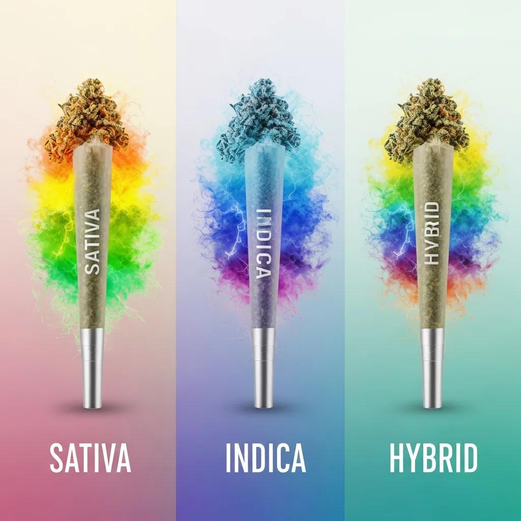Sativa, Indica, and Hybrid cannabis pre-rolls displayed with elements representing their effects