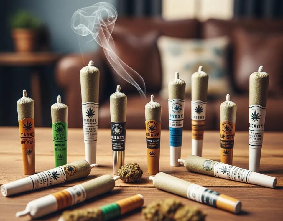 Variety of cannabis pre-rolls on a wooden table, showcasing traditional and infused options